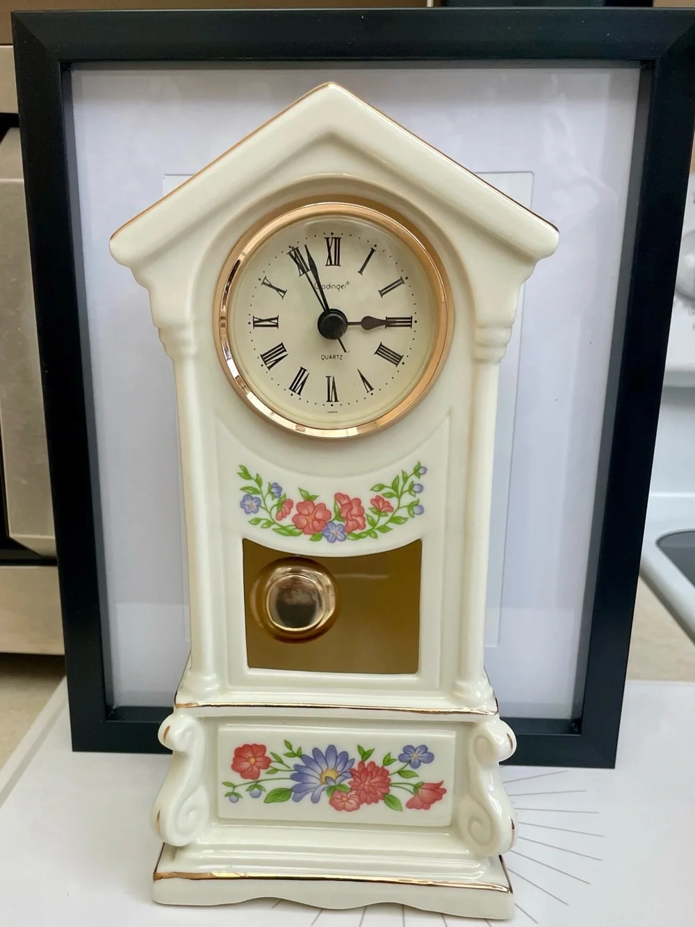 Godinger Vintage Porcelain  Miniature Mantel/ Grandfather Clock w/ Pendulum